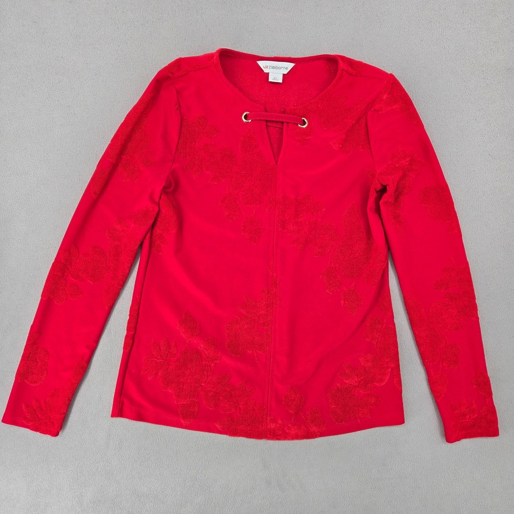 Liz Claiborne Womens XS Red Long Sleeve Floral Burnout Split Neck Blouse Top